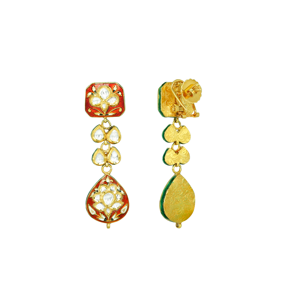 Polki Teardrop Earrings with Red Enamel